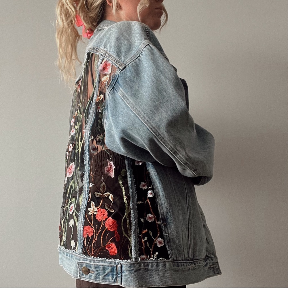 Oversized Handmade Floral Embroidered Denim Jacket